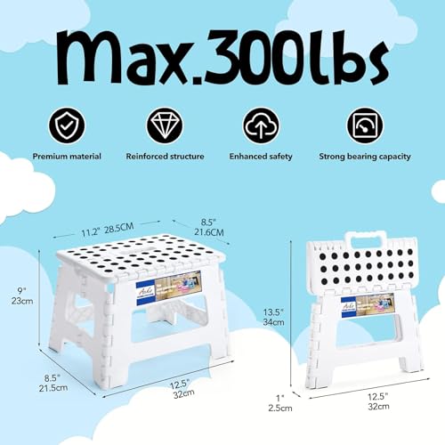 Image of ACKO Folding Step Stool 9 Inch 300 lb Capacity, Plastic Foldable Step Stools for Kids and Adults, Folding Stools Suitable for Kitchen, Stepping Stool with Handle White 1PC