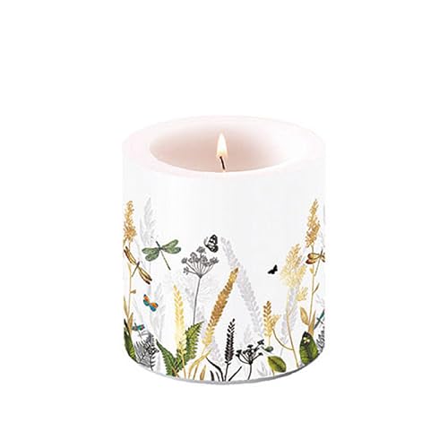 Ambiente Kerze Blumen Naturbelassene Wiese mit Libellen weiß als Tischdeko. Motivkerze rund klein für den gedeckten Tisch Ø7,5 x 9cm