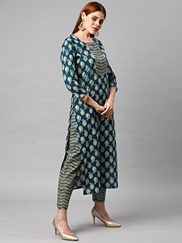 Image of ANNI DESIGNER Women's Cotton Blend Printed Straight Kurta With Pant