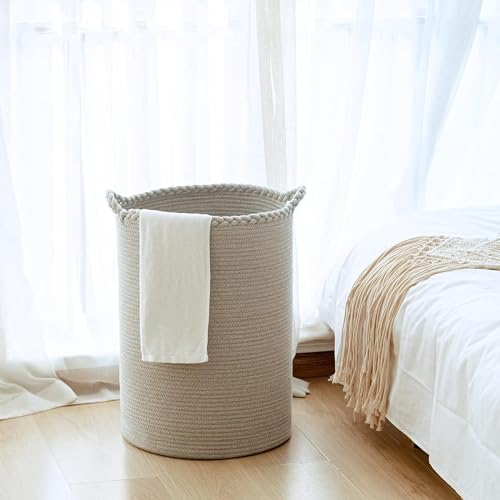 Image of ALBY Woven,Tall Wicker Laundry Basket for Blankets,Clothes,Pillows,Toys,Shoes Large Cotton Laundry Hamper for Bedroom Living Room Bathroom Nursery (58L / Large 15 inchD x 20 inchH, PURE GREY)