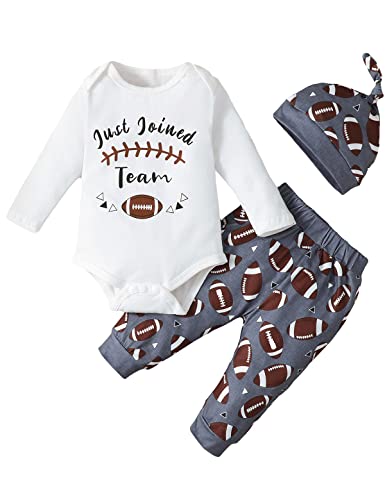 Aslaylme Newborn Boy Coming Home Outfit Baby Football Clothes Just Joined Team Bodysuit (Brown-Just,3-6 Months)