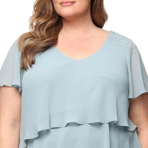 Image of S.L. Fashions Women's V-Neck Chiffon Cocktail Dress with Beaded Shoulders and Asymmetrical Tiers (Petite and Regular Sizes)