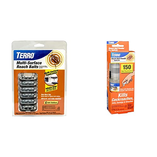 Terro T500 Indoor Multi-Surface Roach Killing Bait Cockroach Killer - 6 Bait Stations & T530 Roach Bait Powder Plus Applicator, Orange