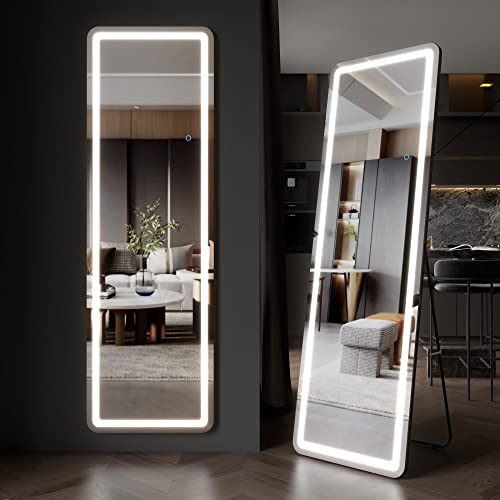 EDTEMI Mirror Full Length, Body Mirror with Lights, Wall Mounted Hanging Mirror with Lights, Bedroom Floor Mirror with Lights & 3 Color Modes (63″x20″, Black)