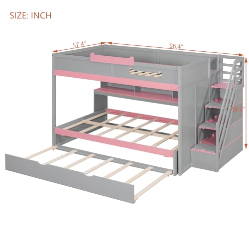 Image of Merax Full Over Full Wood Bunk Bed with Twin Size Trundle with Stairs & Hidden Storage & Shelves, Built-in 3-in-1 LED Lights, Multi-Level Storage Hub, Space-Saving Bedroom Furniture, Gray+Pink