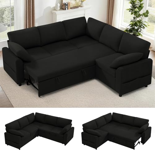 Image of 87 inch Fabric Sectional Couch w /Pull Out Bed & Storage Space, Black