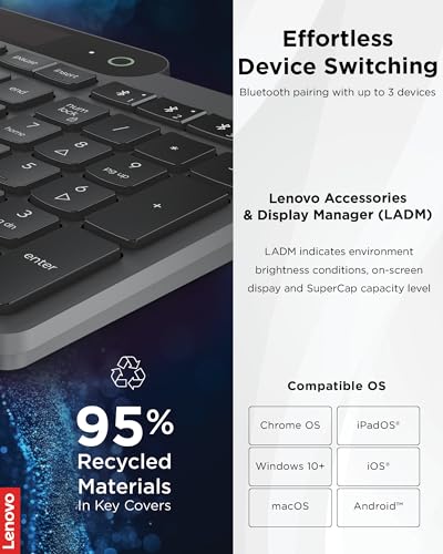 Image of Lenovo 800 Self-Charging Bluetooth Keyboard, Uses Ambient Light for Charging, Bluetooth 5.1, Supports 3 Devices, Battery Free, Wireless, Grey