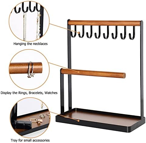Ulable Wooden Wrought Iron Jewelry Organizer Jewellery Display Stand Holder Cosmetic Rings Necklaces Bracelets Storage Rack Earring Display Shelf (Brown A)