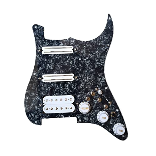 配線済みエレキギターストラットSSHピックガードセット、多機能スイッチ、クロムアルニコ5ピックアップ、3層ピックガード、フェンダーストラトキャスターに適合 (Black pearl 1)
