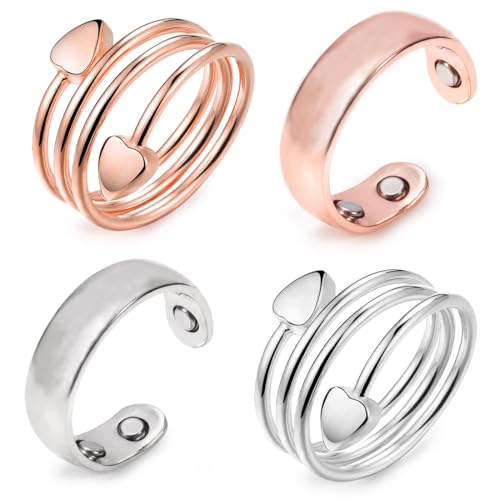 BAHME 4 Pcs Bague Connectée Femme,Bague Anti Stress,Anneau Magnétique Thérapeutique Pour Drainage Lymphatique, Anneau Magnétique En Cuivre, Ouverture Réglable