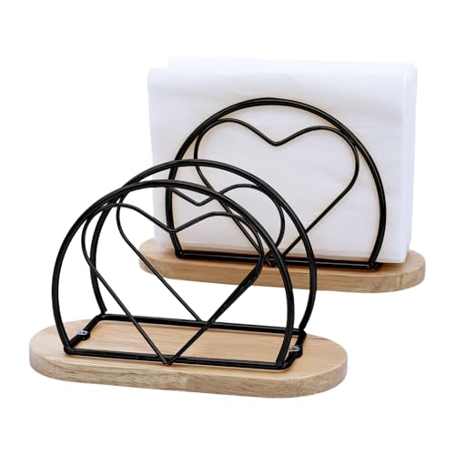 Piuluvor 2 Stück Serviettenhalter Schwarz Serviettenständer aus Metall und Holz Herzförmiger Napkin Holder für Haus Küche Restaurant Cafés