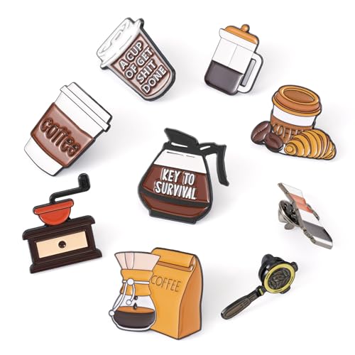 Image of 9Pcs Coffee Theme Brooch Enamel Pins Coffeepot Bean Croissant Coffee Cup Lapel Badge Pins Barista Drink Brooch Badges for Backpacks Bags Hats Clothing Decorative Supplies