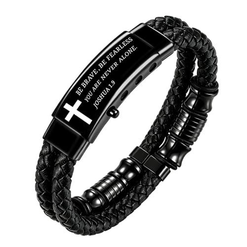 Pulsera para hombre de cuero trenzado negro con versículo bíblico miniatura 1