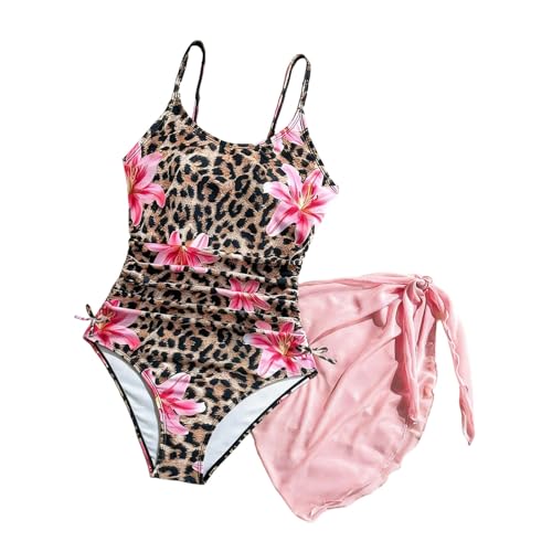 Genérico Traje de baño de Bikini con Estampado de Leopardo Floral para niñas con Top Tankini de Cintura Alta y Falda con Volantes en la Parte Inferior para Nadar en la Playa (Multicolour, 8-9 Years)