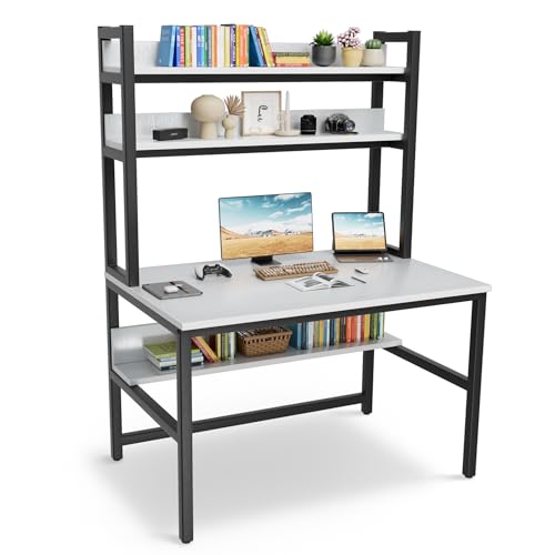 Aquzee-Computer-Desk-Easy-Assembly-Gaming-Table-with-Hutch-and-Shelves-4-Tiers-Desk-with-Large-Wood-Desktop-Metal-Legs-Ideal-for-Storage-Study-Work-Writing-Homework-White-55Wx65Hx236D-Inches 41EVih0dmNL