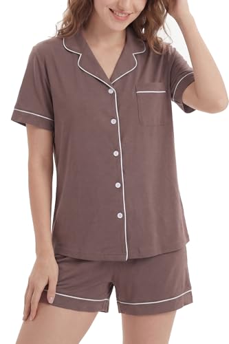 Image of LUBOT 100% Cotton Pajamas for Women 2 Piece PJ Set Button-Down Soft Knit Short Sleeve Summer Sleepwear Loungewear XS-XXL