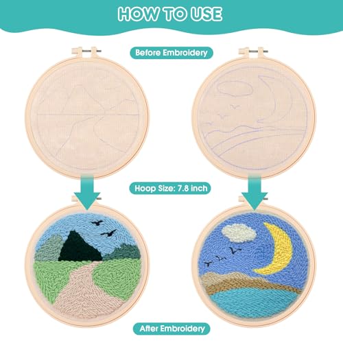 Image of Zuaooz 3 Sets Punch Needle Kits,Leaf Path Moon Punch Embroidery Kits for Adults Beginner, Tool with Punch Needle Fabric, Hoops, Yarns and Sewing Needles