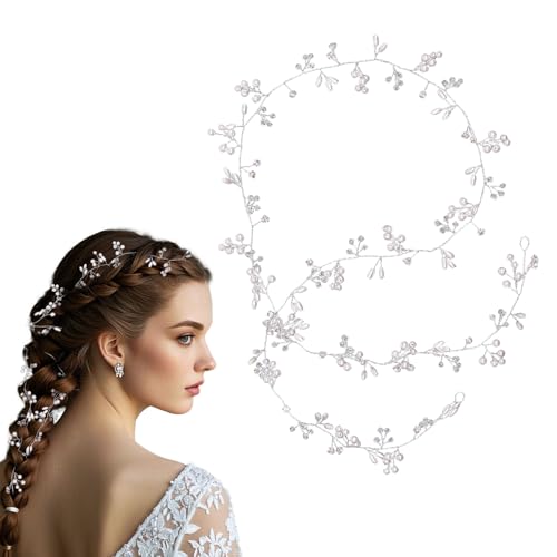 Axvxby 100 cm Brautschmuck Haarband, Braut Haarschmuck, Braut Haarbänder, Silber Kristall Stirnband, Hochzeit Haarschmuck, Kristall Perlen Blumen, Silber