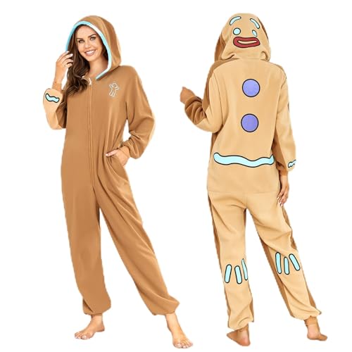 RONGTAI Unisex Adult Costume One Piece Pajamas Overall Halloween Costume Christmas Sleepwear Jumpsuit (Gingerbread Man, XXL)