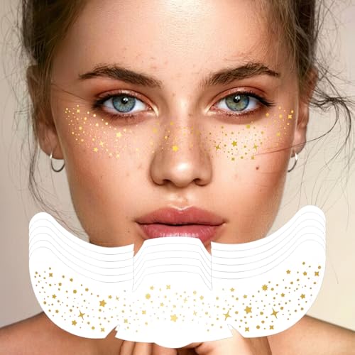Glitzer Sommersprossen Tattoo 6 Stück Gesichtstattoo Gold Sterne Freckles Temporary Festival Karneval Make Up Tattoos Wasserdichte Tattoo Aufkleber Erwachsene für Frauen