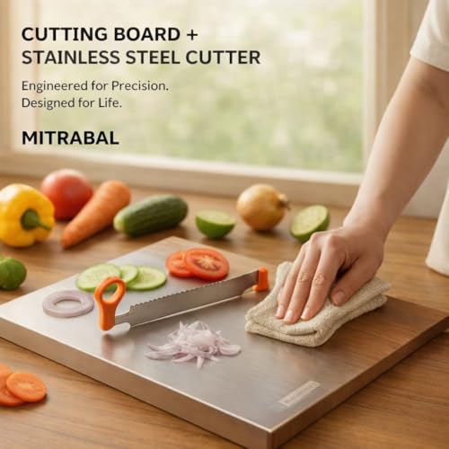 Image of Stainless Steel Chopping Board with Knife Attached, Large | Steel Cutting Board for Kitchen, Vegetable Chopping Board