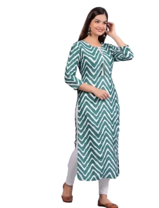 Image of Women's Round Neck Wave Printed Dark Green Regular Fit 3 /4th Sleeves Kurti
