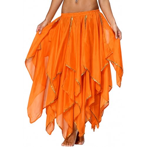 Phoenix Costume Women - 10 Panel Handkerchief Skirt with Gold Sequins Fire Flame Belly Dance & Halloween Costume Adult Dance Skirt Orange