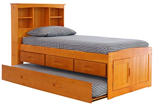 Discovery World Furniture Twin Bookcase Captains Bed with 3 Drawers and Twin Trundle, Honey