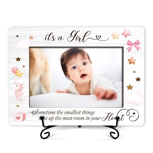 Image of FQPJA Baby Girl Photo Frame, Newborn Picture Frames, It's A Girl Photo Frame, Nursery Decorations, Gender Reveal Baby Shower Gifts, New Father Mom To Be Gifts, Wooden Picture Frames -A22
