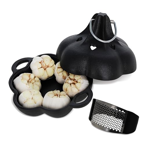Potted Pans Garlic Roster, Pre-Seasoned Cast Iron Garlic Roaster and Garlic Press, Heavy Duty Garlic Roaster with Lid, Garlic Baker Garlic Cooker for Oven, Grill, Stove, BBQ