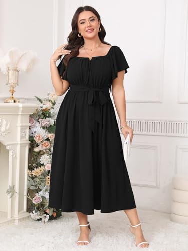Image of SCOMCHIC Women Plus Size Maxi Dress Off The Shoulder Bridesmaid Formal Wedding Guest Belted Flowy A Line Long Dresses