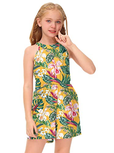 Besserbay Little Girls Summer Elastic Waist Cute Halter Neck Jumpsuit Yellow Tropica Sleeveless Romper With Side Pockets 7-8 Years #TOP2
