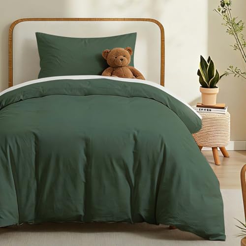 LOVQUE Green Duvet Cover Twin Size, 100% Washed Cotton Linen Like Bedding Set with Zipper Closure...