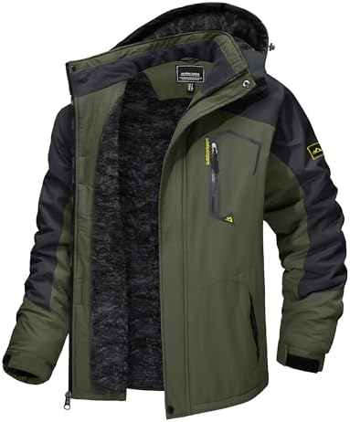 TACVASEN Water Resistant Jackets for Men Windproof Jacket Sports Winter Jacket Fleece Line Skiing Snowboarding Jacket with Hood Multi-Pockets, Green L