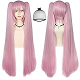 ANOGOL Hair Cap+ 48inch Pink Wig with Double Ponytails Long Straight Wig with Bangs Pink Synthetic Hair for Anime Cosplay Halloween Party Costume