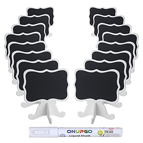 ONUPGO Mini Chalkboard Signs, 16 Pack Wooden White Framed Chalkboard Labels with Stand, Blackboard for Food Cards, Table Numbersâ€¦