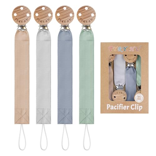 TYRY.HU Dummy Clip for Baby Soft Fabric Pacifier Clips Handmade Ribbon Strap Pacifer Chain Holder Set for Boys and Girls Fits Most Pacifiers Unisex Newborn Universal 4 Pack