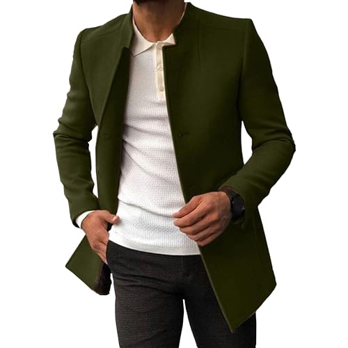 Maiyifu-GJ Men's Stand Collar Wool Blend Pea Coat Single Breasted Mid-Long Trench Coat Casual Warm Slim Fit Wool Coat