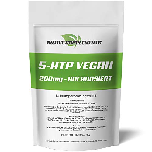 5-HTP Vegan - 250 Tabletten - 200 mg echtes 5HTP - Original L-5-Hydroxytryptophan Hochdosiert - Natürliches Griffonia-Samen-Extrakt, natürlicher Serotonin Booster, L-Tryptophan stärkste Qualität Cover