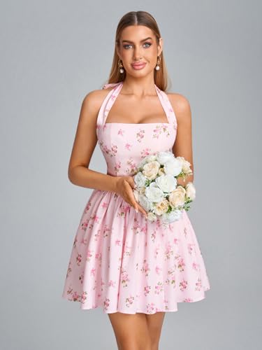 Image of Parthea Women's Floral Halter Mini Corset Dress Sleeveless A Line Flowy Cute Party Graduation Dress