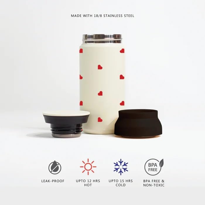 Image of The Messy Corner Coffee Tumbler - Ivory Stainless Steel 350ml | Leak-Proof Insulated Travel Mug for Gym, Office & Vacation | 12hr Hot & 15hr Cold Retention | Hearts Print