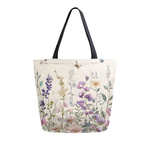 Extra Large Shoulder Tote Bag for Beach Travel Weekender Gym Vintage Wildflowers Butterfly Purple Pink Beige Reusable Grocery Canvas Shopping Bag