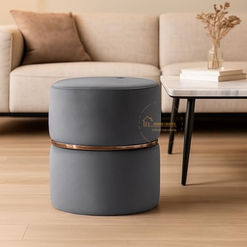 Image of Wooden Puffy Stool for Living Room Round Footstool - Ottoman Stool for Living Room Furniture Round Ottoman - Sitting Pouffe Ottoman Stool /Room Dcor /Office Stool - Grey