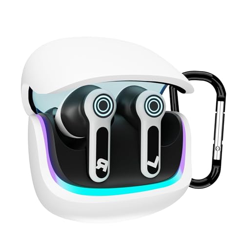 Image of Sounce Earphone Case Cover for Boult Audio Z40 Gaming TWS Soft Silicone Skin Case Cover Shock Absorbing Protective Case with Keychain [Front LED Visible] - White