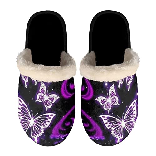 SEANATIVE Zapatillas de casa para mujer, suave y cálida de felpa, para invierno, antideslizante, para interior, Mariposa Púrpura, Medium