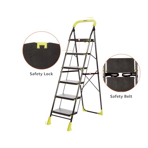 Image of Amazon Basics Dynamo - Foldable Step Ladder, Safety Clutch Lock, Anti Slip Steps, Knee Guard, Anti Skid PVC Shoes, 6 Steps (Steel, Black & Lime Green)