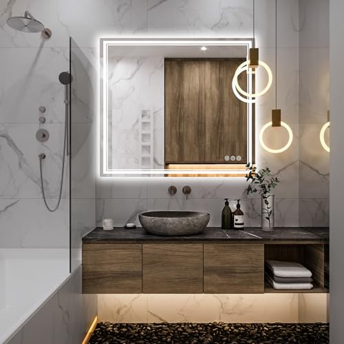 Image of 40x36 Inch Led Mirror for Bathroom with Front Light and Backlit, Bathroom Mirror with Led Lights, Vanity Mirror with Lights for Wall, Anti-Fog, Dimmable, Memory Function, Tempered Glass