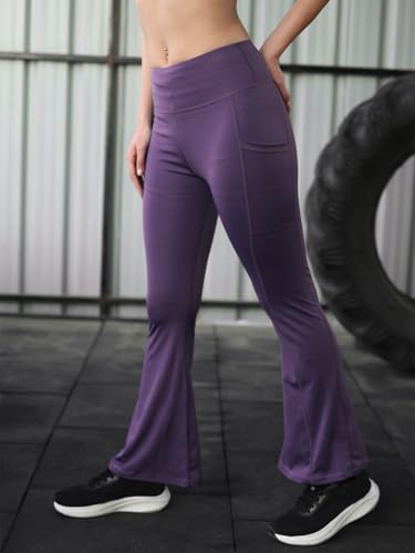 Image of CHKOKKO Gym Pants for Women Workout High Waist Flared Yoga Pants for Woman with Side Pocket Quick Dry Body Fit Stretchable Sports Leggings Trousers Activewear Lower