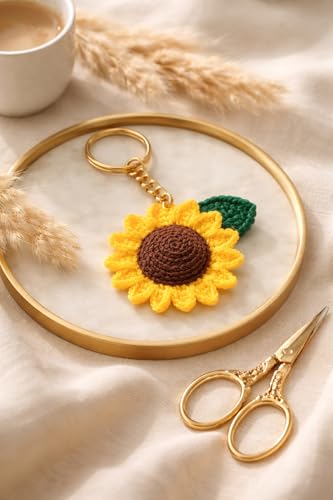 Image of Handmade Crochet Sunflower Keychain for Women & Girls, Cute Yellow Flower Key Ring Charm, Soft Yarn Knitted Gift, Bag Charm, Car Key Holder, Aesthetic Handmade Floral Accessory