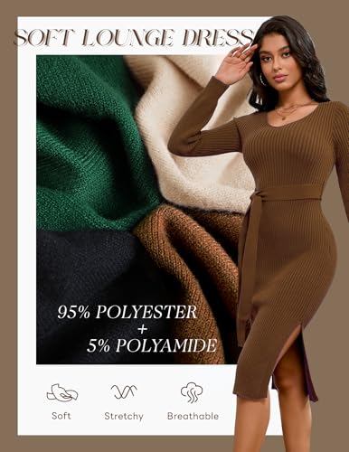 Dressystar Women's Fall Ribbed Knit Sweater Dress V Neck Long Sleeve Tie Waist Slim Fit Bodycon Midi Dress4